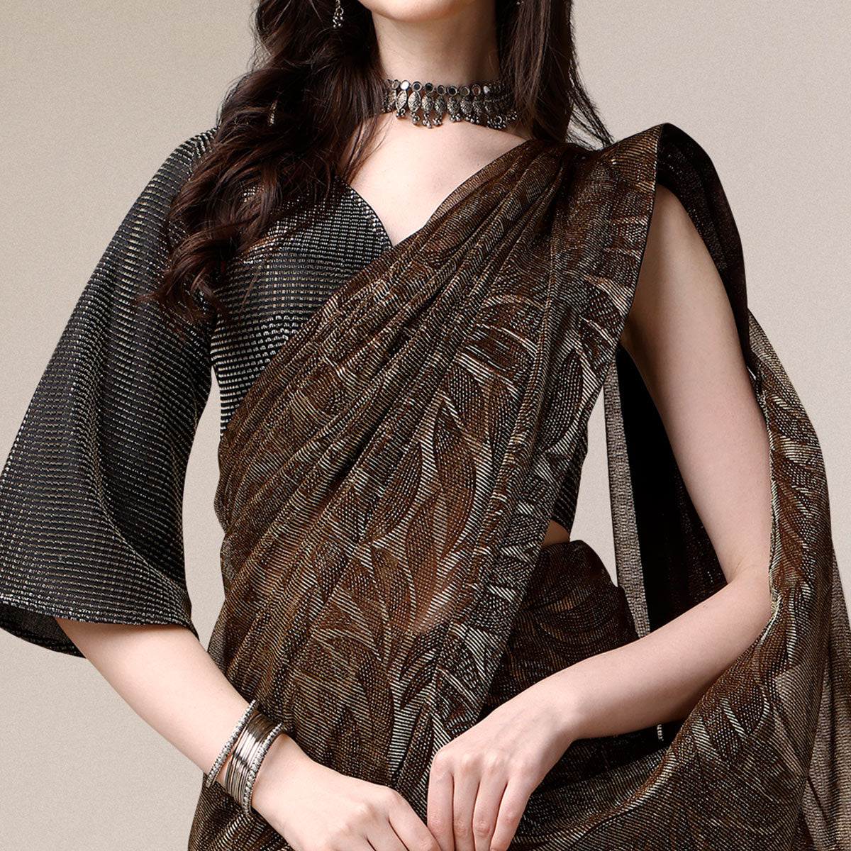 Brown Floral Printed Rayon Saree