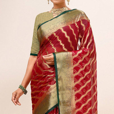 Maroon Woven Organza Saree With Tassels