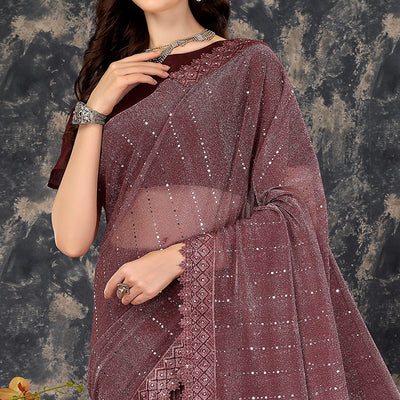 Dark Mauve Tikali With Floral Embroidered Lycra Saree