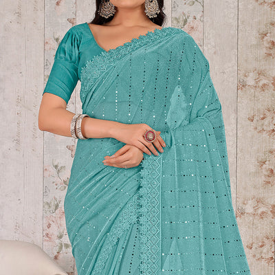 Blue Tikali With Floral Embroidered Lycra Saree