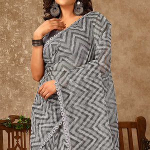 Grey Zig Zag Printed With Stone Work Organza Ready To Wear Saree