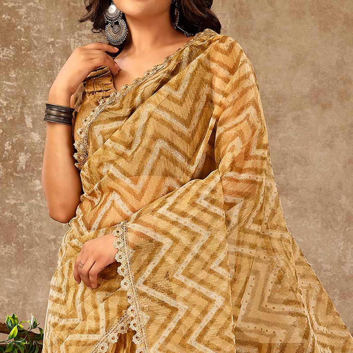 Chikoo Zig Zag Printed With Stone Work Organza Ready To Wear Saree