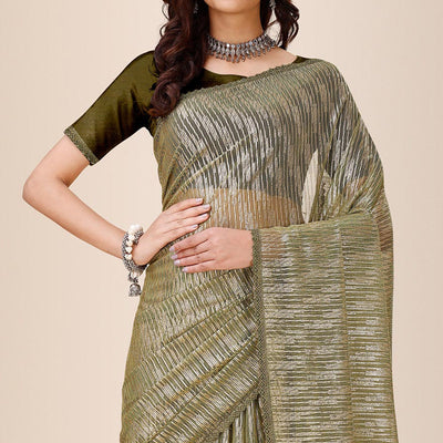 Mehandi Green Foil Printed Lycra Saree