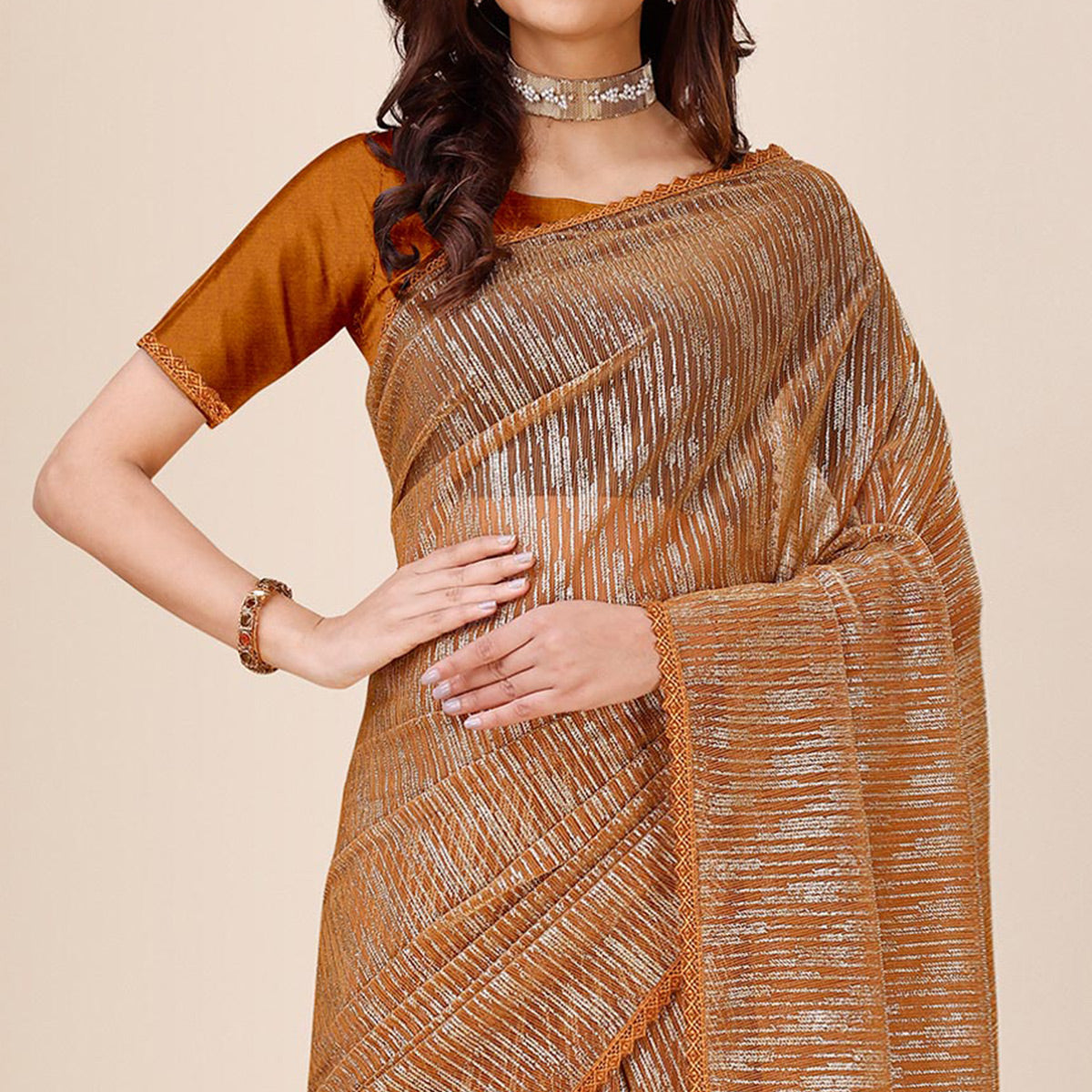 Chikoo Foil Printed Lycra Saree