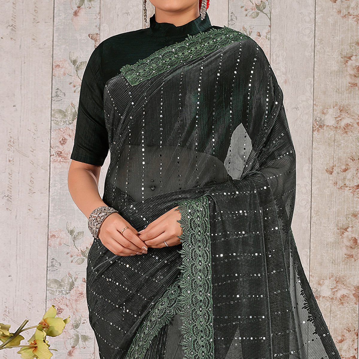 green-tikali-work-lycra-saree-with-embroidered-lace-border