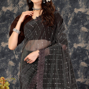 Brown Tikali Work Lycra Saree With Embroidered Lace Border