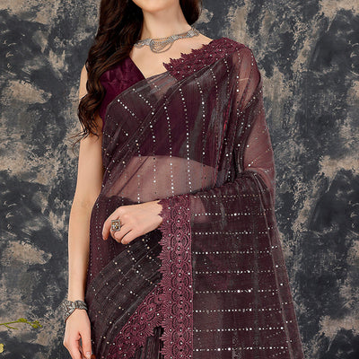 Dark Mauve Tikali Work Lycra Saree With Embroidered Lace Border