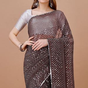 Brown Sequins Embroidered Lycra Saree