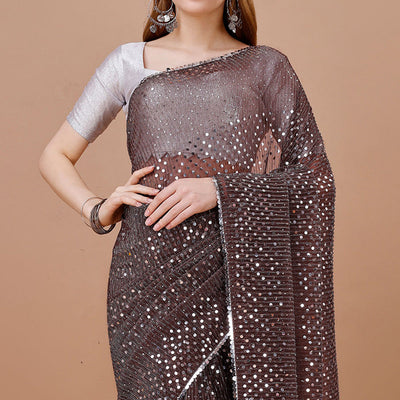 Brown Sequins Embroidered Lycra Saree
