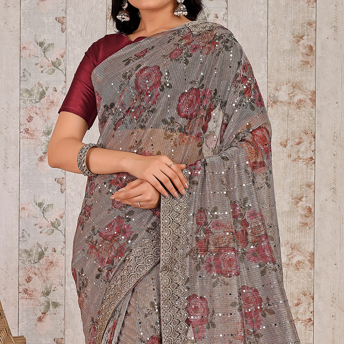 grey-floral-digital-printed-lycra-saree-with-embroidered-border