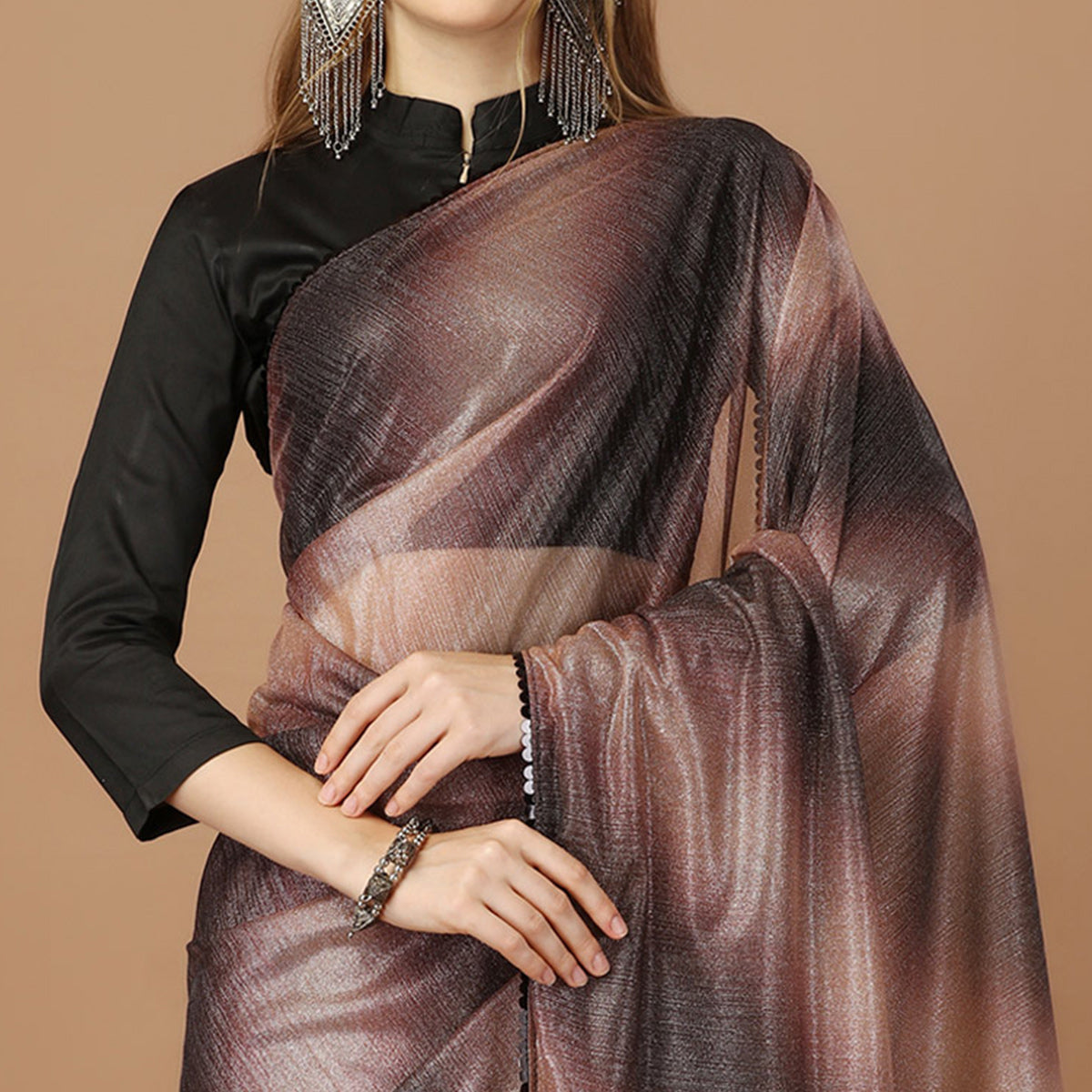 Brown Digital Printed Lycra Saree With Lace Border