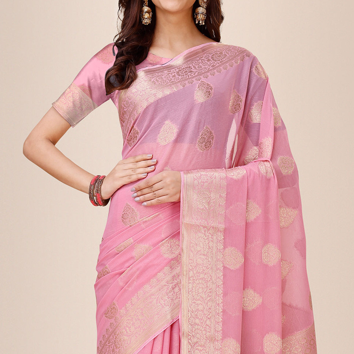 Light Pink Woven Chiffon Saree