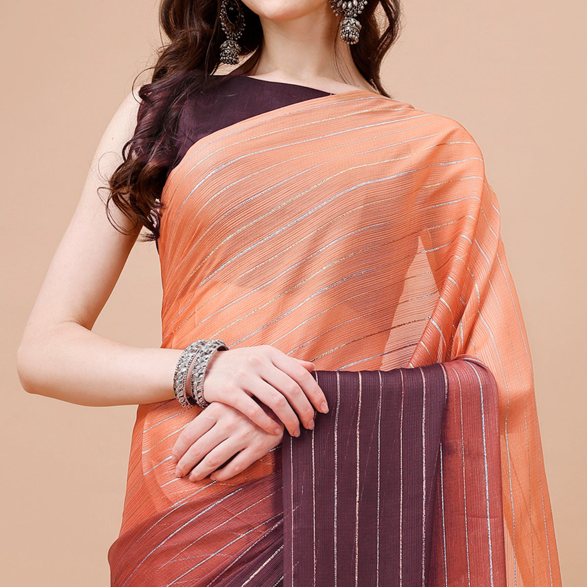 Brown Zari Woven Chiffon Saree