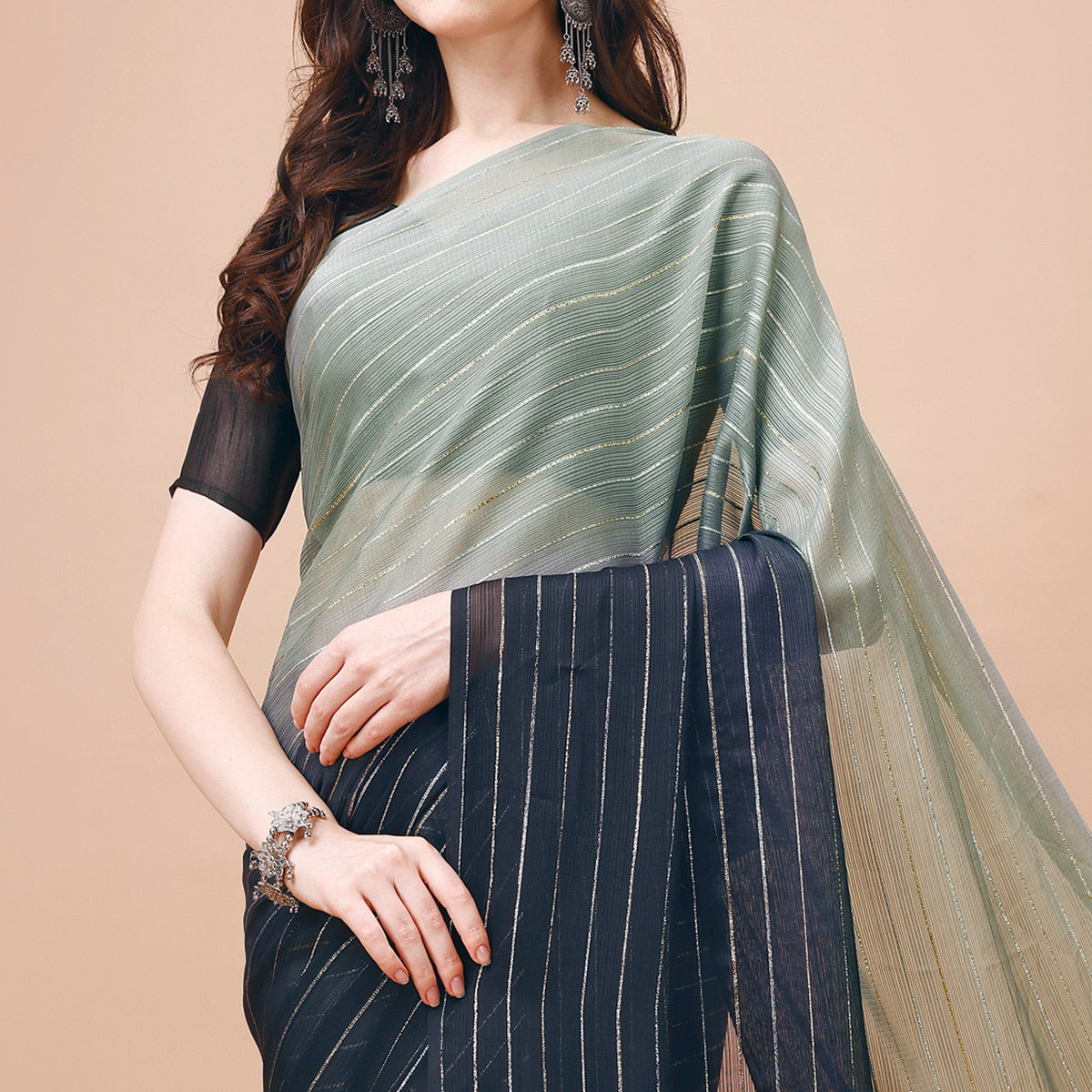 Grey Zari Woven Chiffon Saree