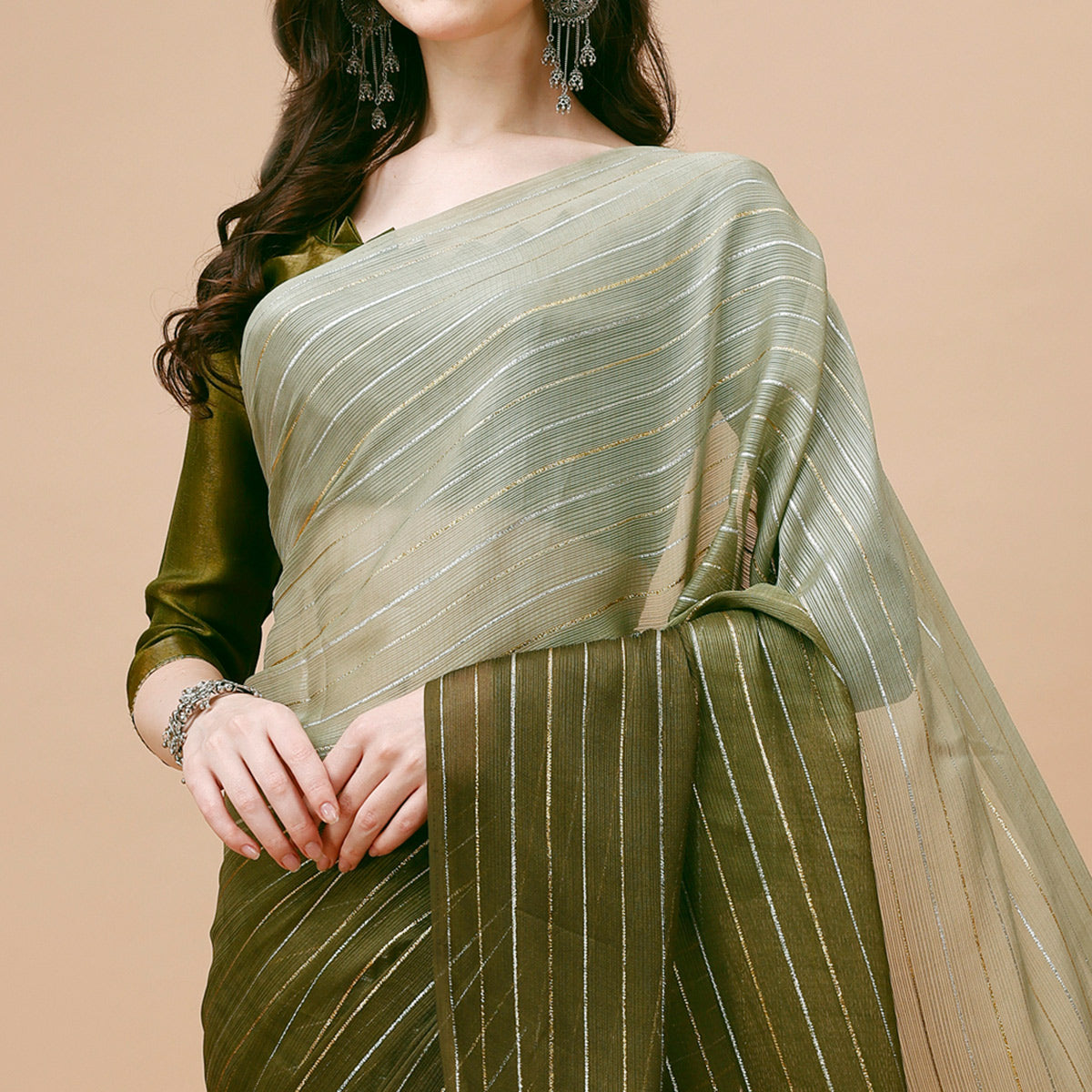 Mehendi Green Zari Woven Chiffon Saree