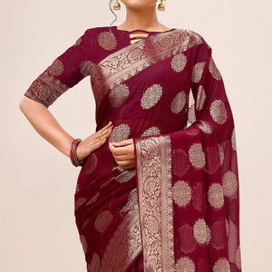 Maroon Woven Chiffon Saree With Tassels