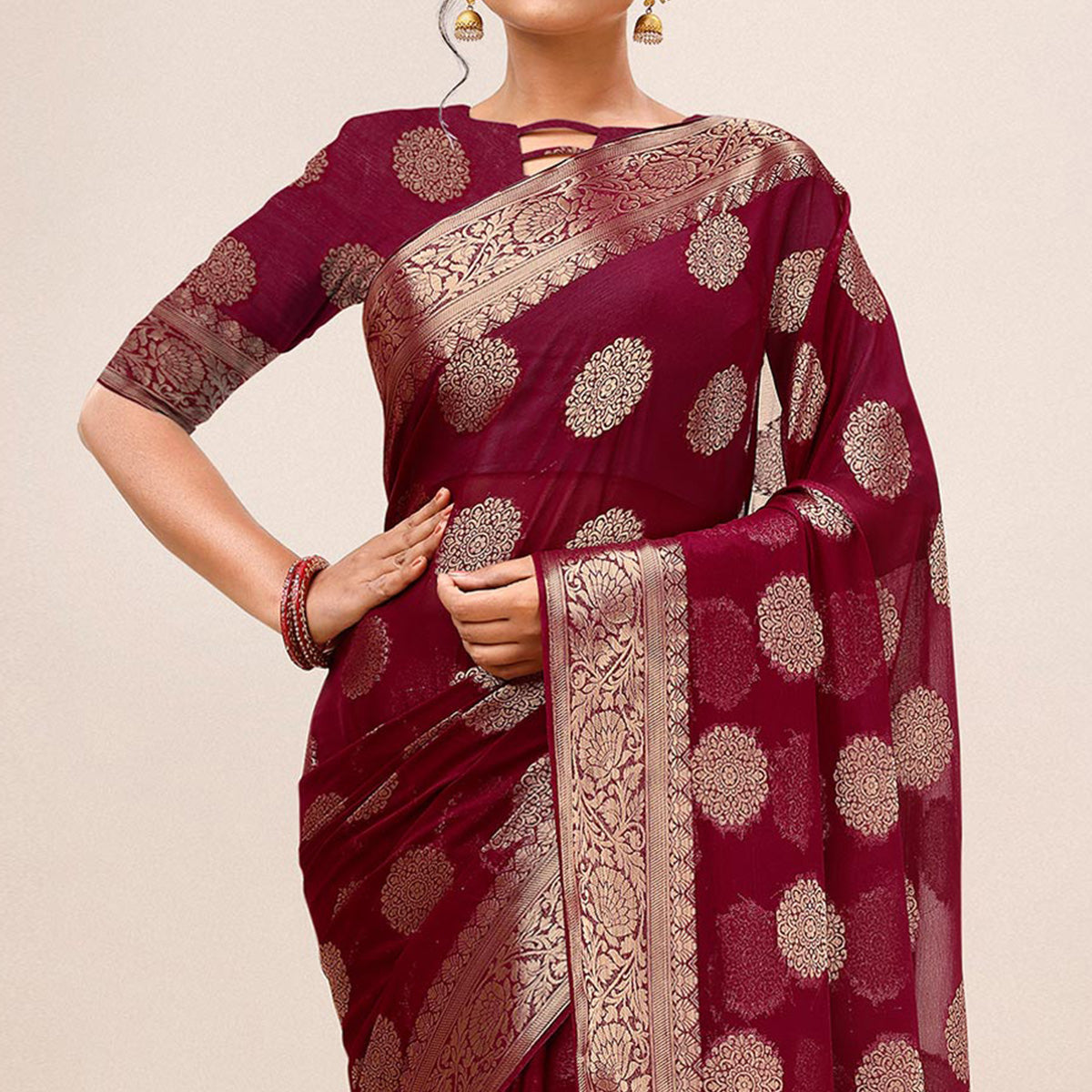 Maroon Woven Chiffon Saree With Tassels