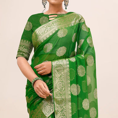 green-woven-chiffon-saree-with-tassels