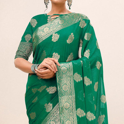 green-woven-chiffon-saree-with-tassels-1