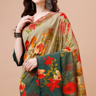 green-brown-floral-printed-vichitra-silk-saree