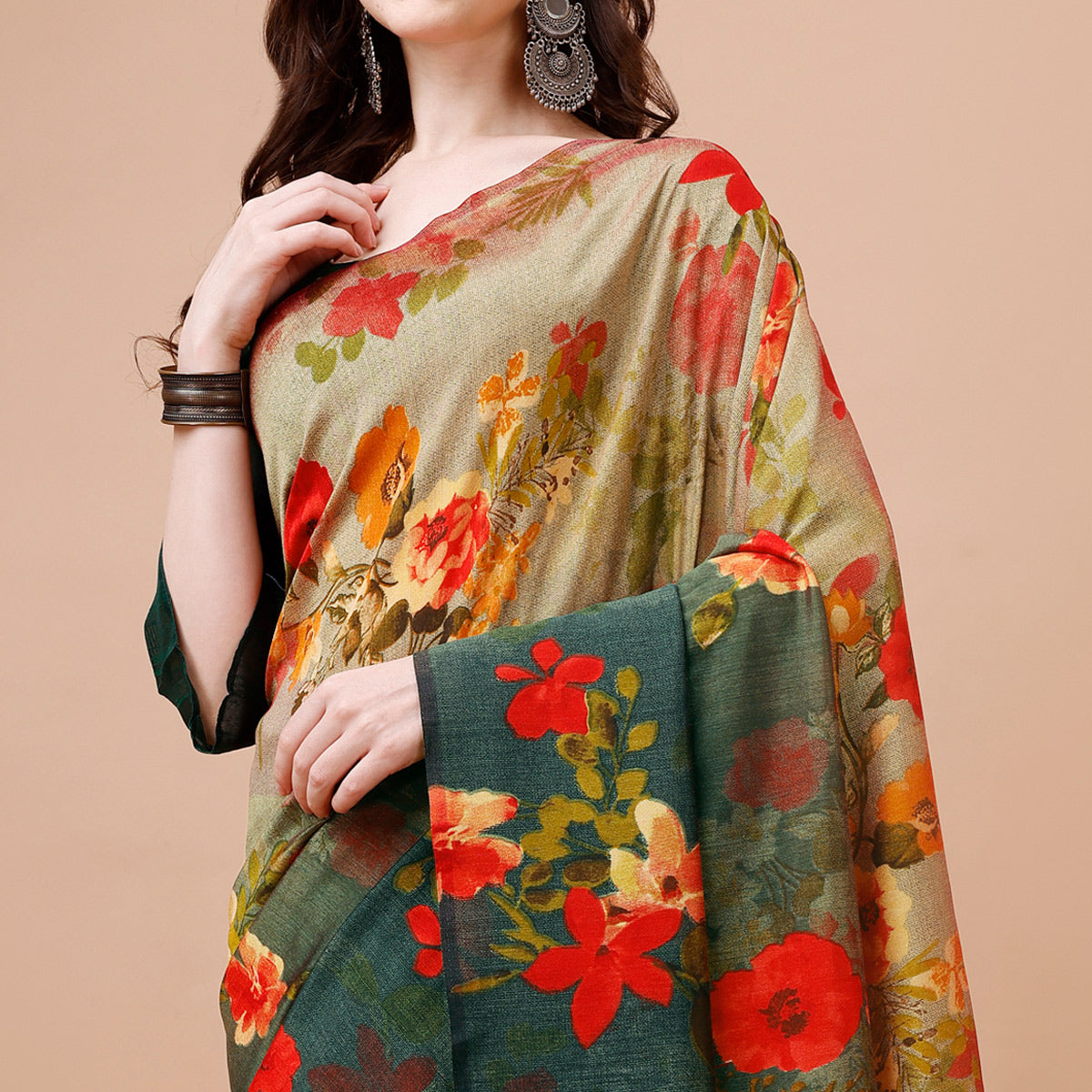 green-brown-floral-printed-vichitra-silk-saree