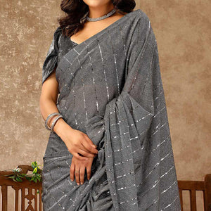 Grey Tikki Work Lycra Ready To Wear Ruffle Saree