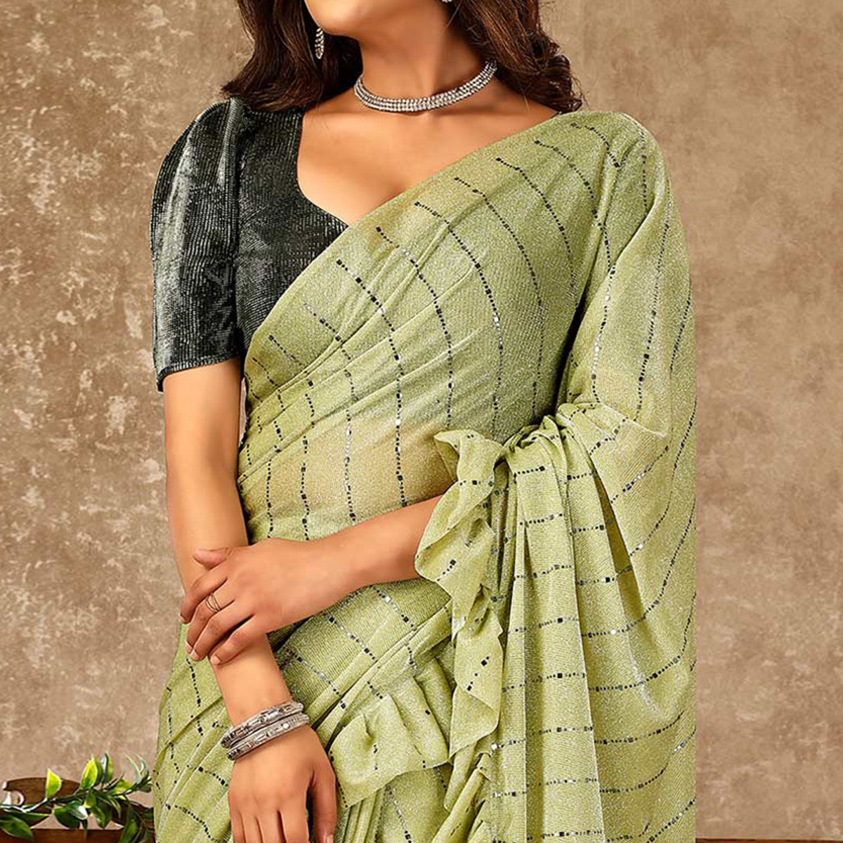 green-tikki-work-lycra-ready-to-wear-ruffle-saree