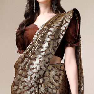 Brown & Gold Foil Printed Rayon Saree