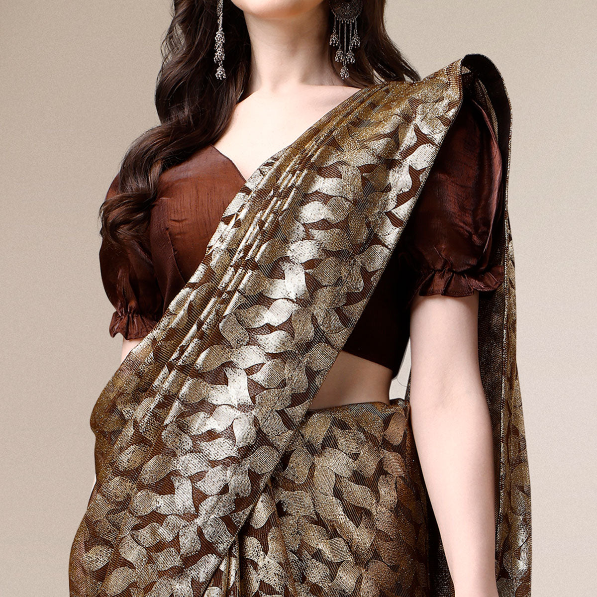 Brown & Gold Foil Printed Rayon Saree