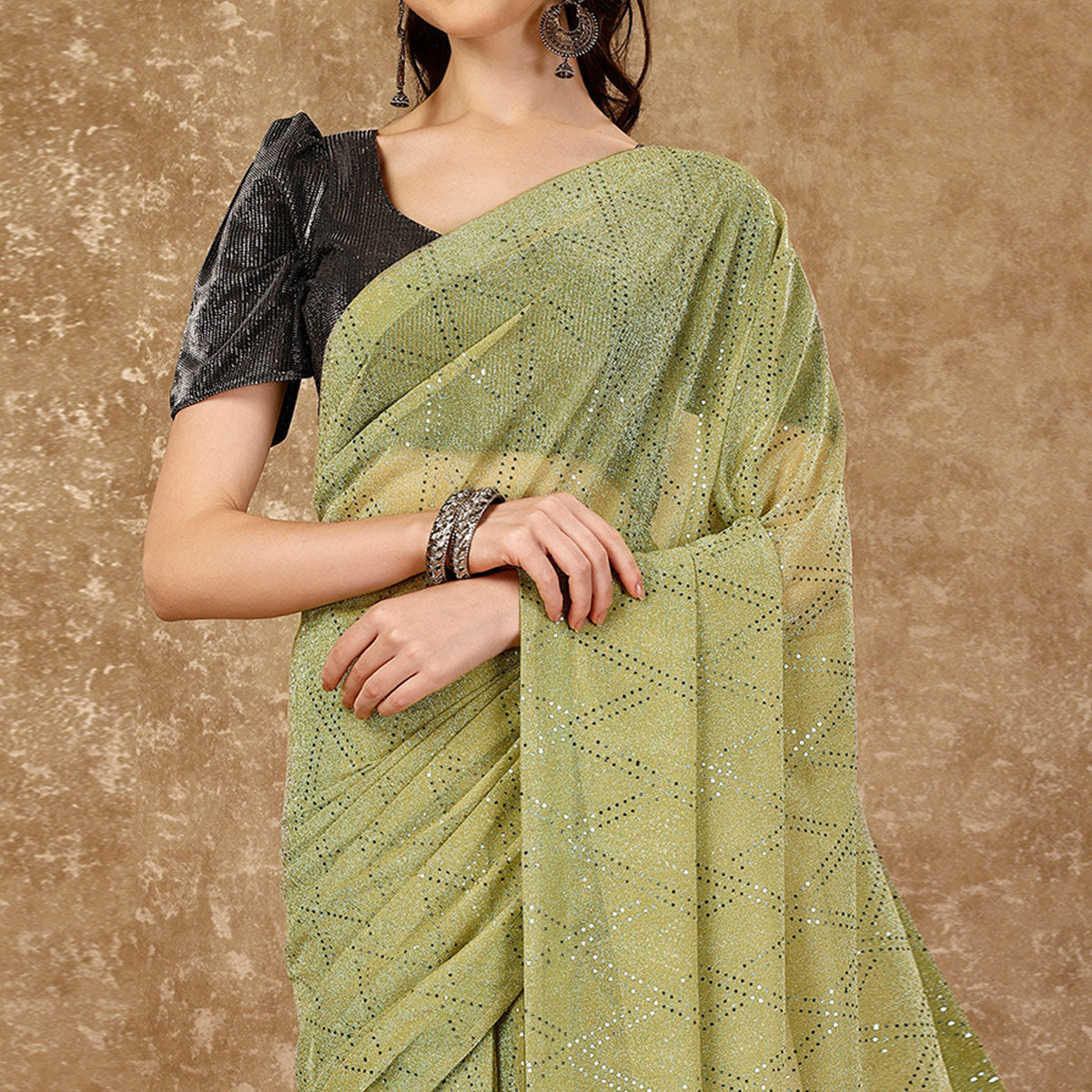 green-tikali-work-lycra-saree-with-tassels-1