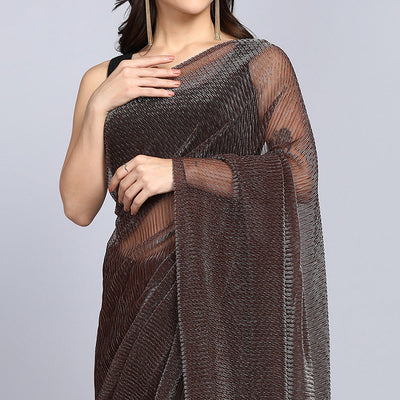 Brown Solid Lycra Crush Saree