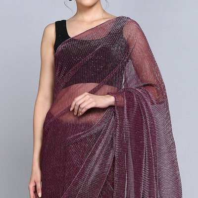 Dark Mauve Solid Lycra Crush Saree