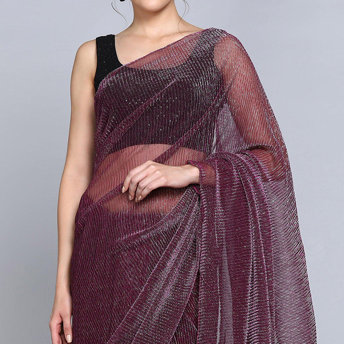 Dark Mauve Solid Lycra Crush Saree