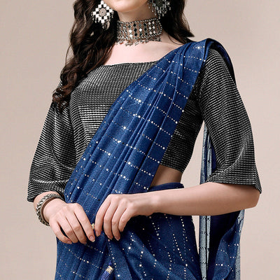 Blue Striped Foil Printed Rayon Saree