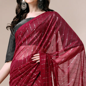 Maroon Striped Foil Printed Rayon Saree