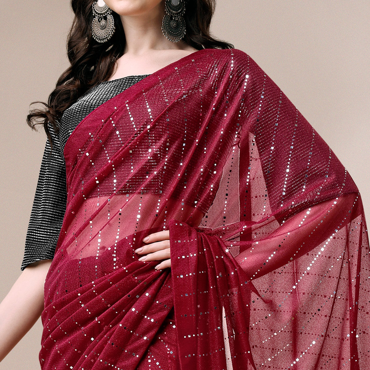Maroon Striped Foil Printed Rayon Saree