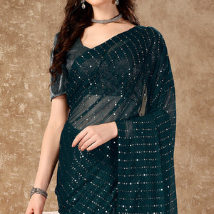 Bottle Green Tikali Work Lycra Saree With Tassels