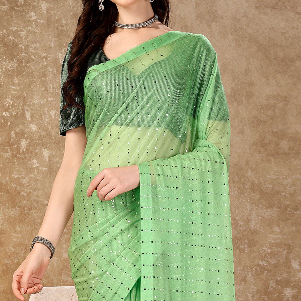 Light Green Tikali Work Lycra Saree With Tassels