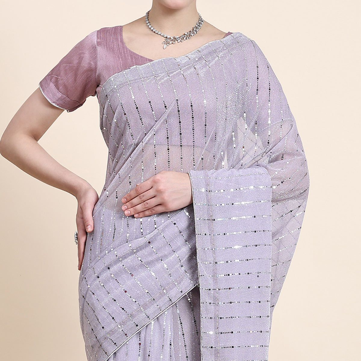Lavender Tikali Work Lycra Saree