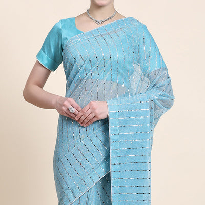 Blue Tikali Work Lycra Saree