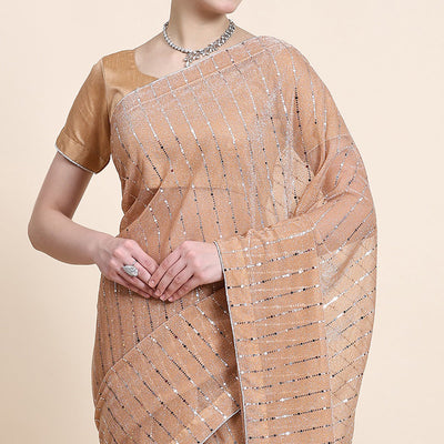 Light Peach Tikali Work Lycra Saree