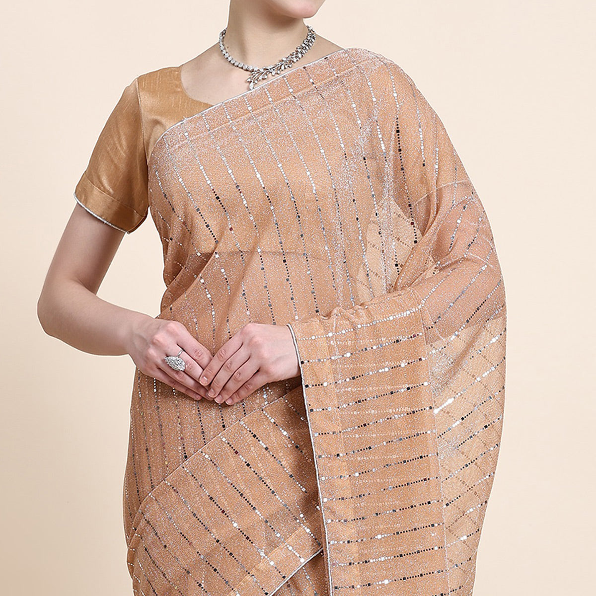 Light Peach Tikali Work Lycra Saree