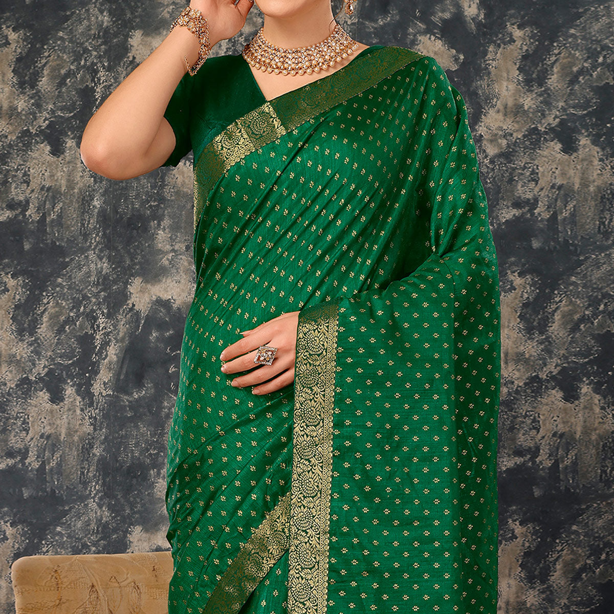 green-floral-foil-printed-vichitra-silk-saree-with-lace-border