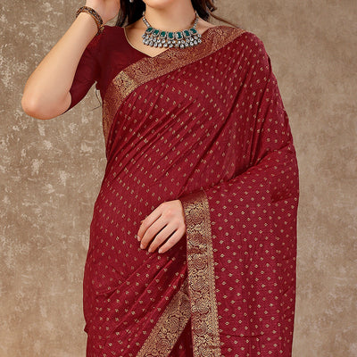 Dark Maroon Floral Foil Printed Vichitra Silk Saree With Lace Border