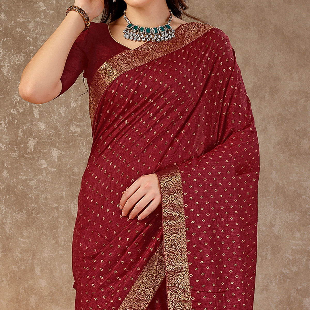 Dark Maroon Floral Foil Printed Vichitra Silk Saree With Lace Border