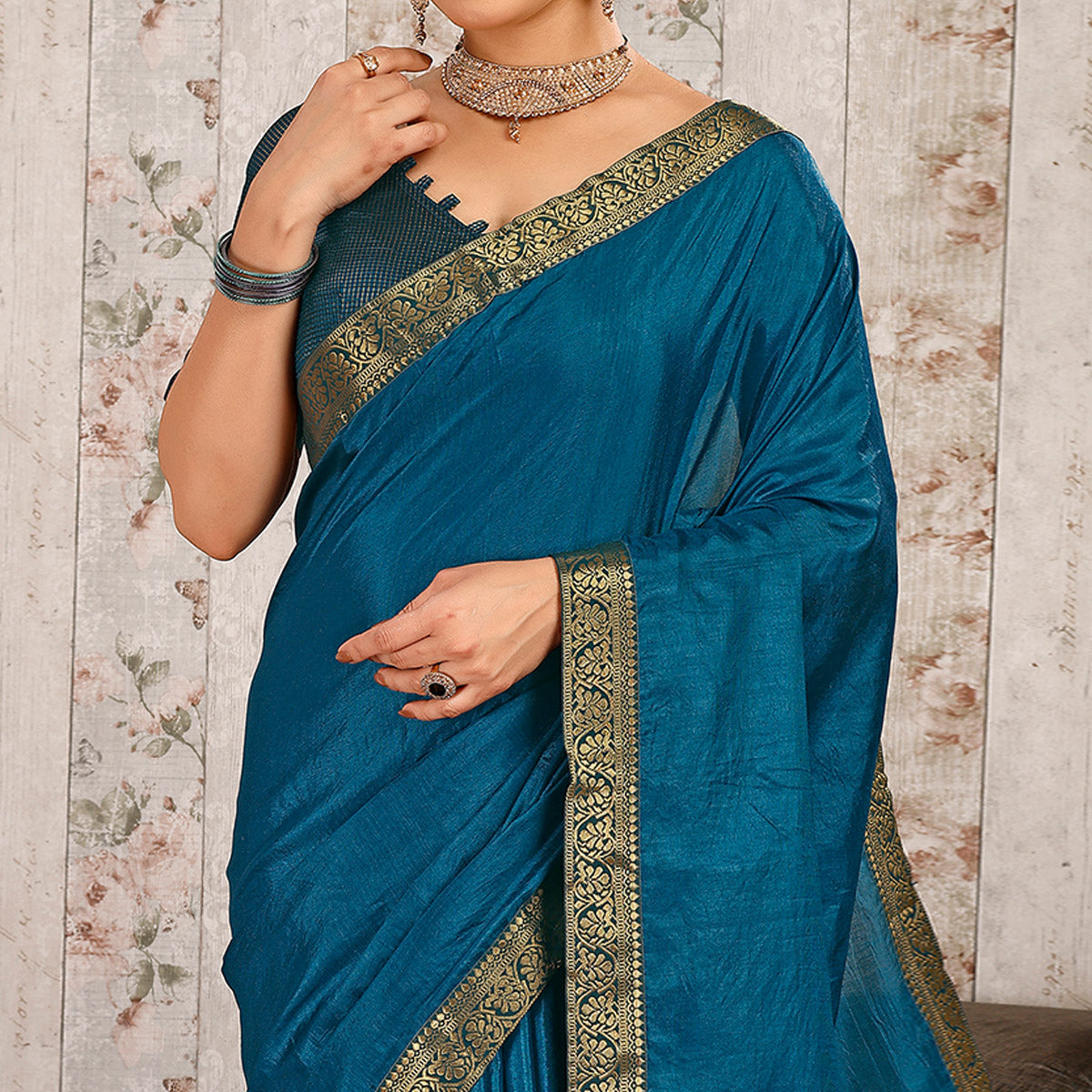 Morpich Floral Swarovski Work Vichitra Silk Saree With Lace Border