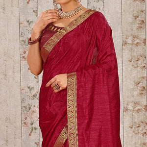 Maroon Floral Swarovski Work Vichitra Silk Saree With Lace Border