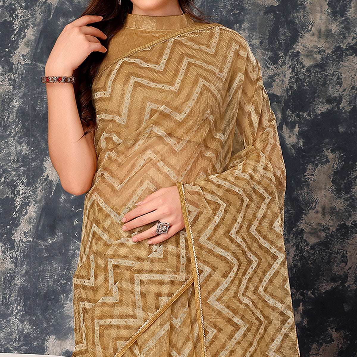 Chikoo Printed With Zari Work Cotton Silk Saree With Lace Border
