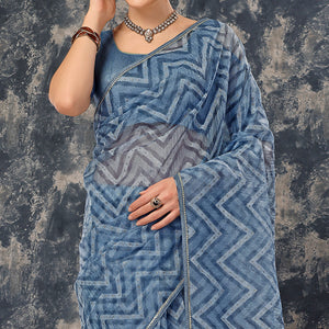 Greyish Blue Printed With Zari Work Cotton Silk Saree With Lace Border