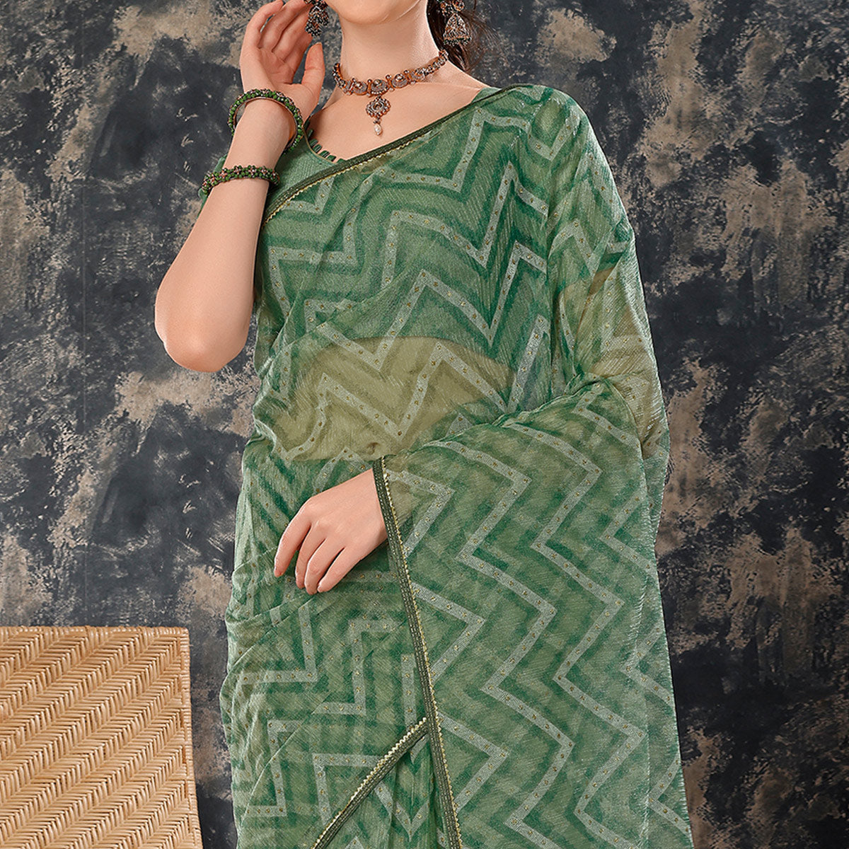 green-printed-with-zari-work-cotton-silk-saree-with-lace-border